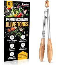 Premium Olive Wood Salad Tongs for Serving, 12 Inch Serving Tongs with 304 Stainless Steel Handle for Salad, Bread, BBQ, Pickles, Toaster & Kitchen Use