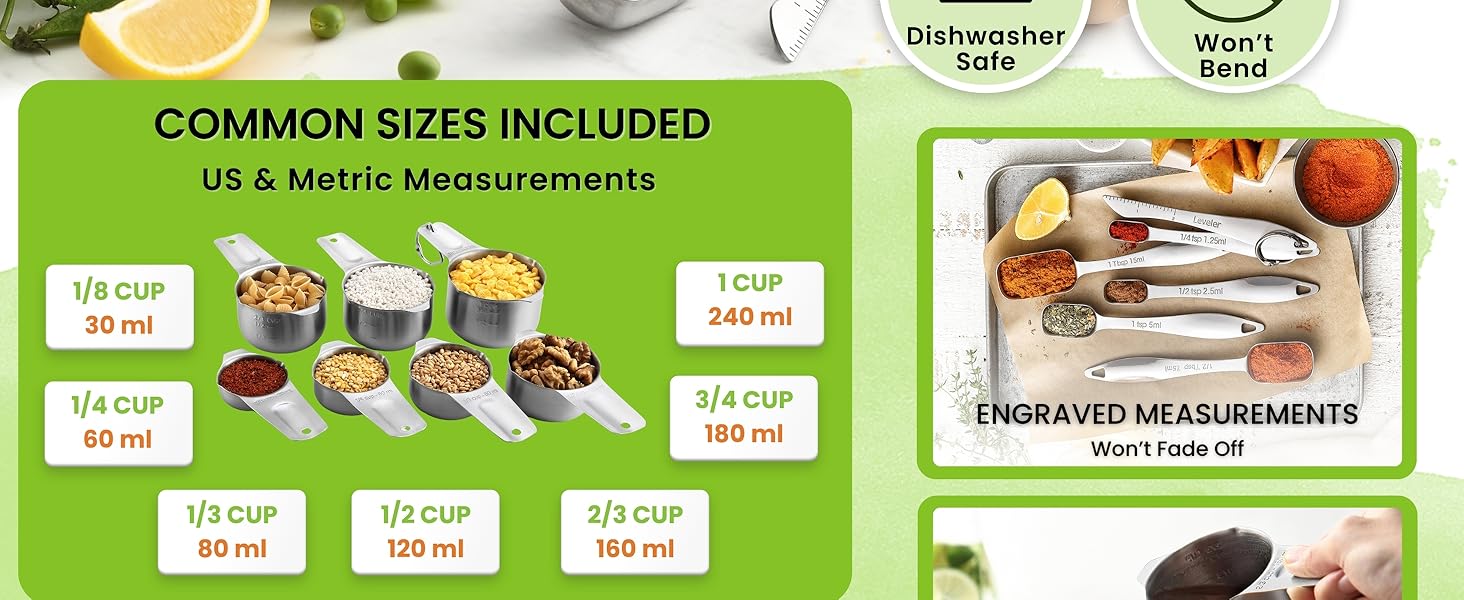 Spring Chef Stainless Steel Measuring Cups and Spoons Set of 14 with Leveler, Nesting Kitchen Metal Measuring Cups and Spoons Set for Dry and Liquid Ingredients, Perfect for Cooking & Baking
