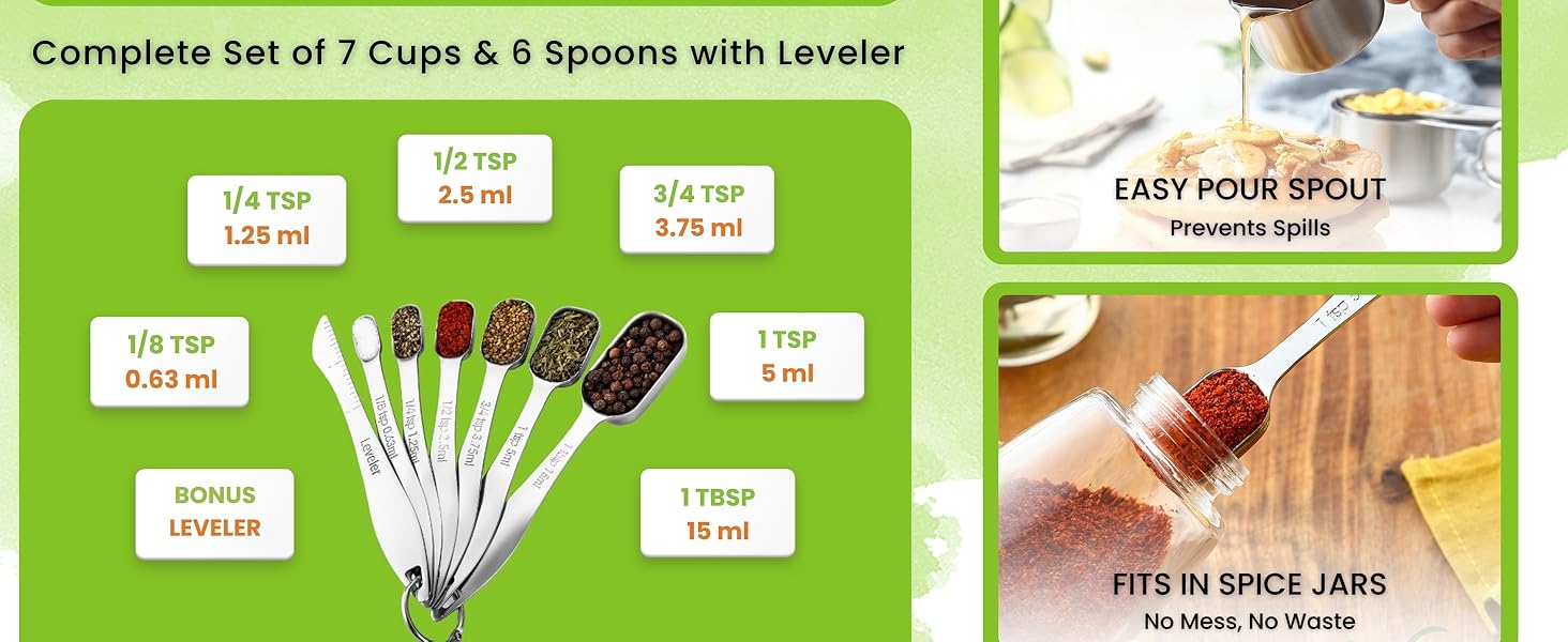 Spring Chef Stainless Steel Measuring Cups and Spoons Set of 14 with Leveler, Nesting Kitchen Metal Measuring Cups and Spoons Set for Dry and Liquid Ingredients, Perfect for Cooking & Baking