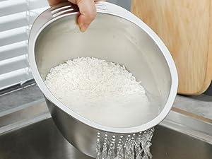 Rice Washer Strainer Bowl, Stainless Steel Quinoa Washing Bowl With Side Drainers Colander for Cleaning Rinsing Fruits, Vegetables, and Beans - Versatile Kitchen Tool
