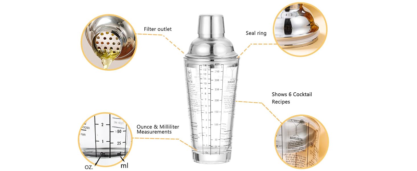 Ailelan Glass Cocktail Shaker with Strainer, 14oz Martini Shaker with 6 Recipes On Side, Clear Drink Shaker Bottle with Measurements, Bar Shakers Set Bartender Kit for Mixing Cocktail, Margarita