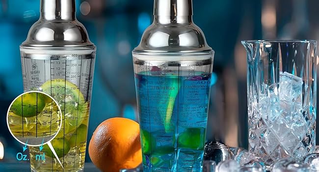 Ailelan Glass Cocktail Shaker with Strainer, 14oz Martini Shaker with 6 Recipes On Side, Clear Drink Shaker Bottle with Measurements, Bar Shakers Set Bartender Kit for Mixing Cocktail, Margarita