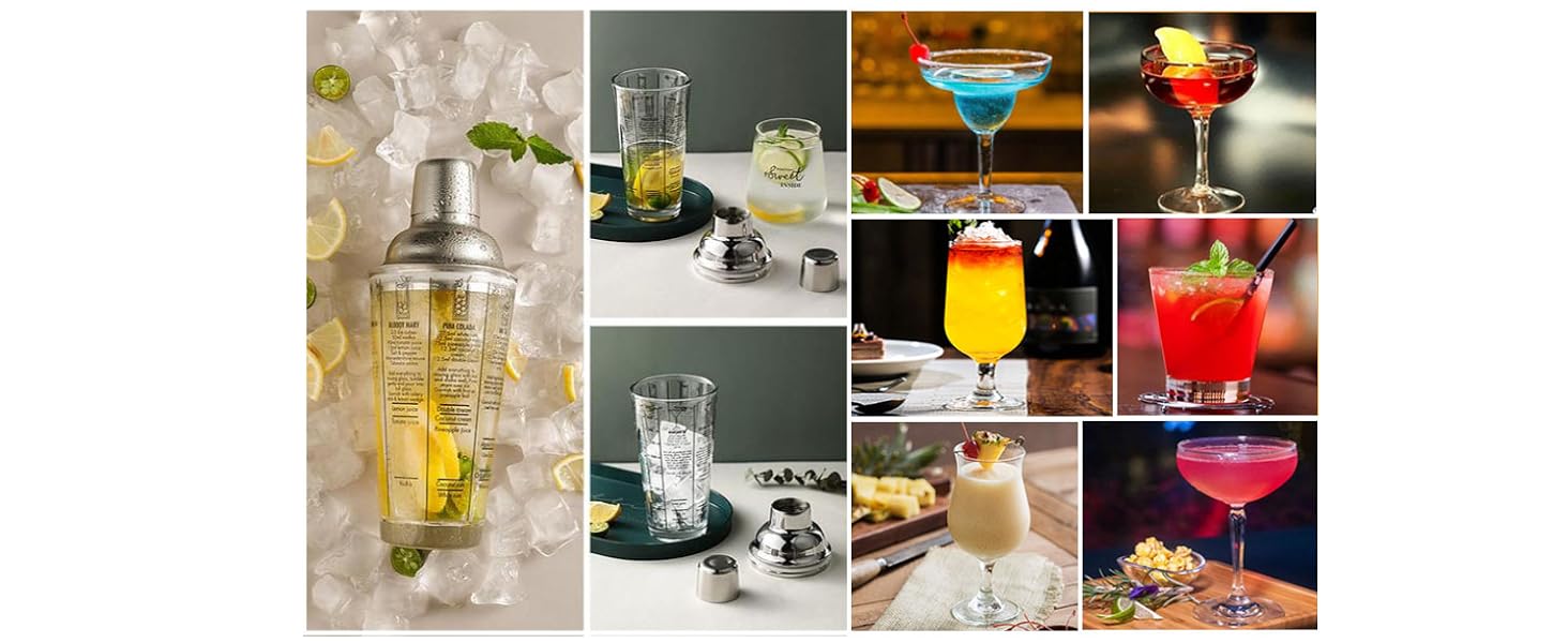 Ailelan Glass Cocktail Shaker with Strainer, 14oz Martini Shaker with 6 Recipes On Side, Clear Drink Shaker Bottle with Measurements, Bar Shakers Set Bartender Kit for Mixing Cocktail, Margarita