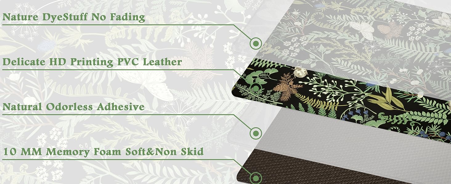 Black Green Botanical Kitchen Rugs Set of 2 Plant Leaf Anti-Fatigue Kitchen Mat Natural Comfort Standing Waterproof PVC Mats 2/5