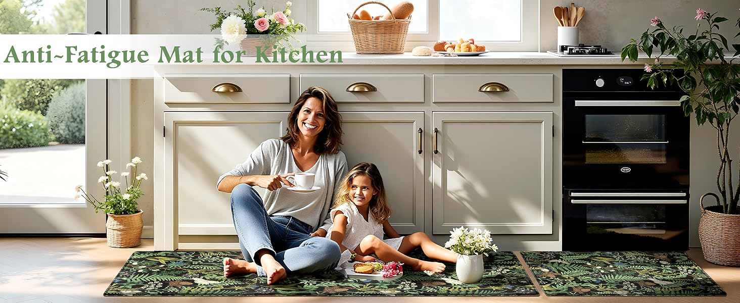 Black Green Botanical Kitchen Rugs Set of 2 Plant Leaf Anti-Fatigue Kitchen Mat Natural Comfort Standing Waterproof PVC Mats 2/5