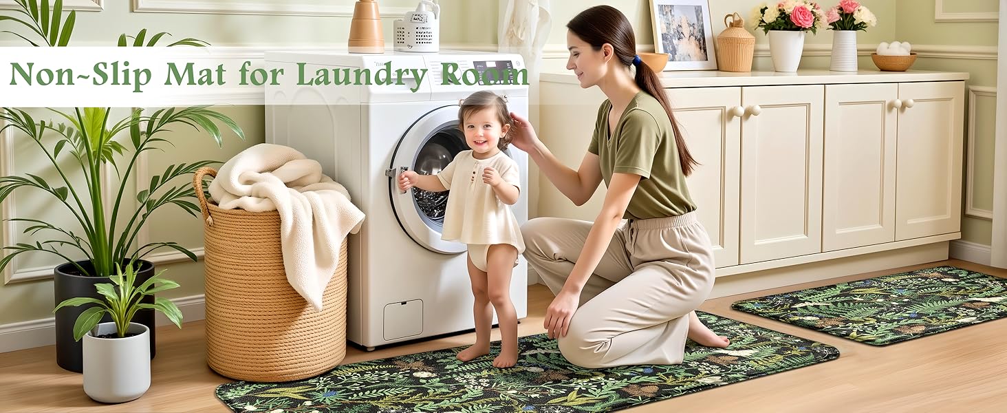 Black Green Botanical Kitchen Rugs Set of 2 Plant Leaf Anti-Fatigue Kitchen Mat Natural Comfort Standing Waterproof PVC Mats 2/5