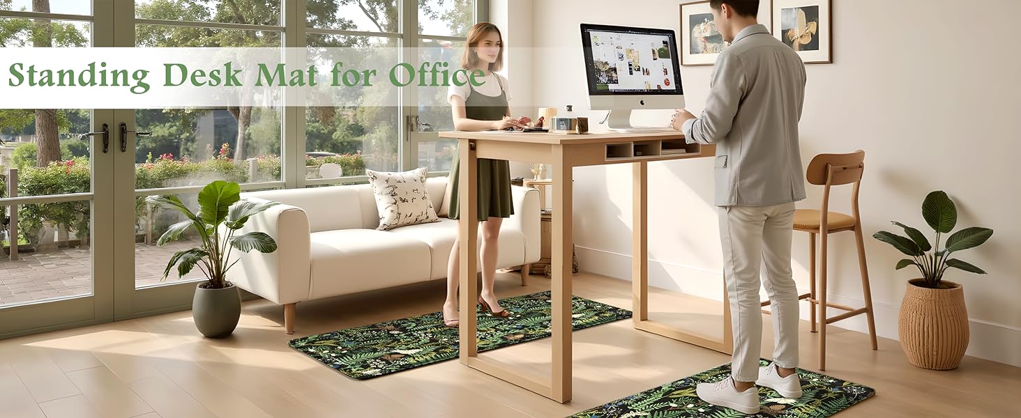 Black Green Botanical Kitchen Rugs Set of 2 Plant Leaf Anti-Fatigue Kitchen Mat Natural Comfort Standing Waterproof PVC Mats 2/5