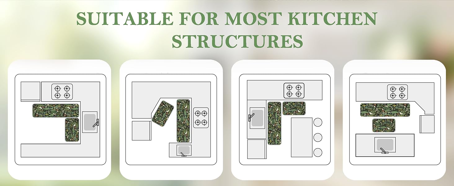 Black Green Botanical Kitchen Rugs Set of 2 Plant Leaf Anti-Fatigue Kitchen Mat Natural Comfort Standing Waterproof PVC Mats 2/5