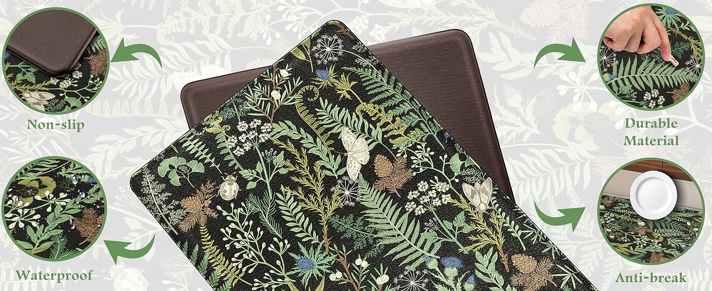 Black Green Botanical Kitchen Rugs Set of 2 Plant Leaf Anti-Fatigue Kitchen Mat Natural Comfort Standing Waterproof PVC Mats 2/5