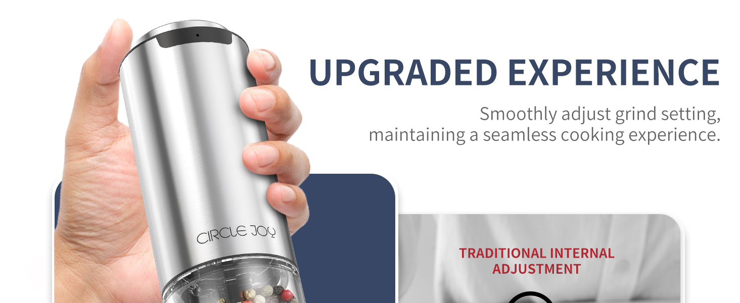 CIRCLE JOY Electric Pepper Grinder Stainless Steel Rechargeable Pepper Mill with External Adjustable Coarseness, 95ml Container and White LED Light, Silver