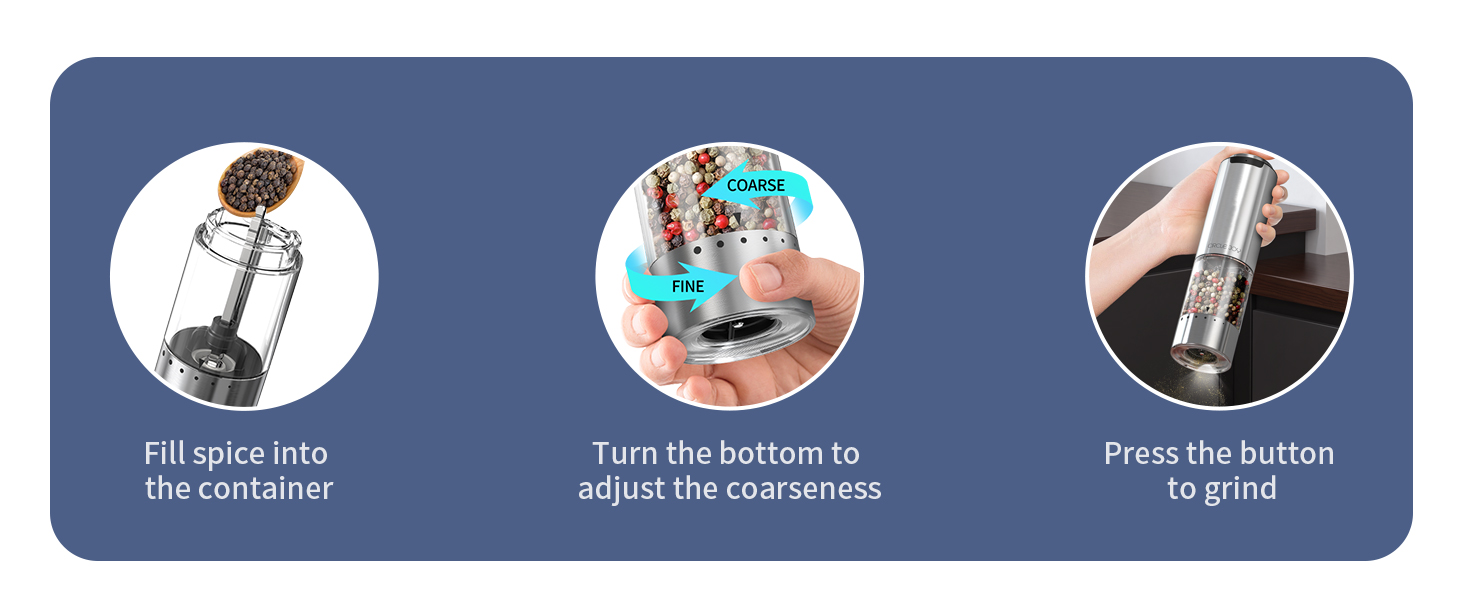 CIRCLE JOY Electric Pepper Grinder Stainless Steel Rechargeable Pepper Mill with External Adjustable Coarseness, 95ml Container and White LED Light, Silver