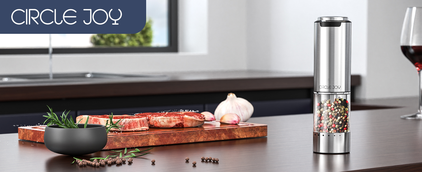 CIRCLE JOY Electric Pepper Grinder Stainless Steel Rechargeable Pepper Mill with External Adjustable Coarseness, 95ml Container and White LED Light, Silver