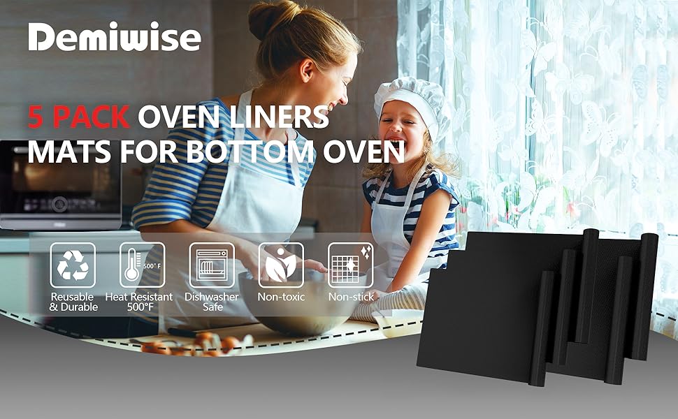 Oven Liners for Bottom of Oven, 16x24 inch Thick Heavy Duty Non Stick Teflon Oven Mats, BPA and PFOA Free Reusable Oven Liners for Bottom of Electric Oven (5 Pack)
