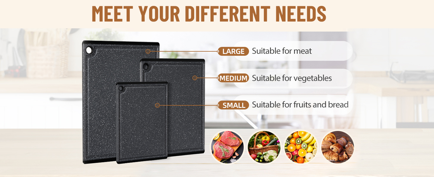 Plastic Cutting Boards for Kitchen, 3-Piece Large Cutting Board Set Dishwasher Safe Chopping Boards with Non-slip Feet and Juice Grooves, Kikcoin