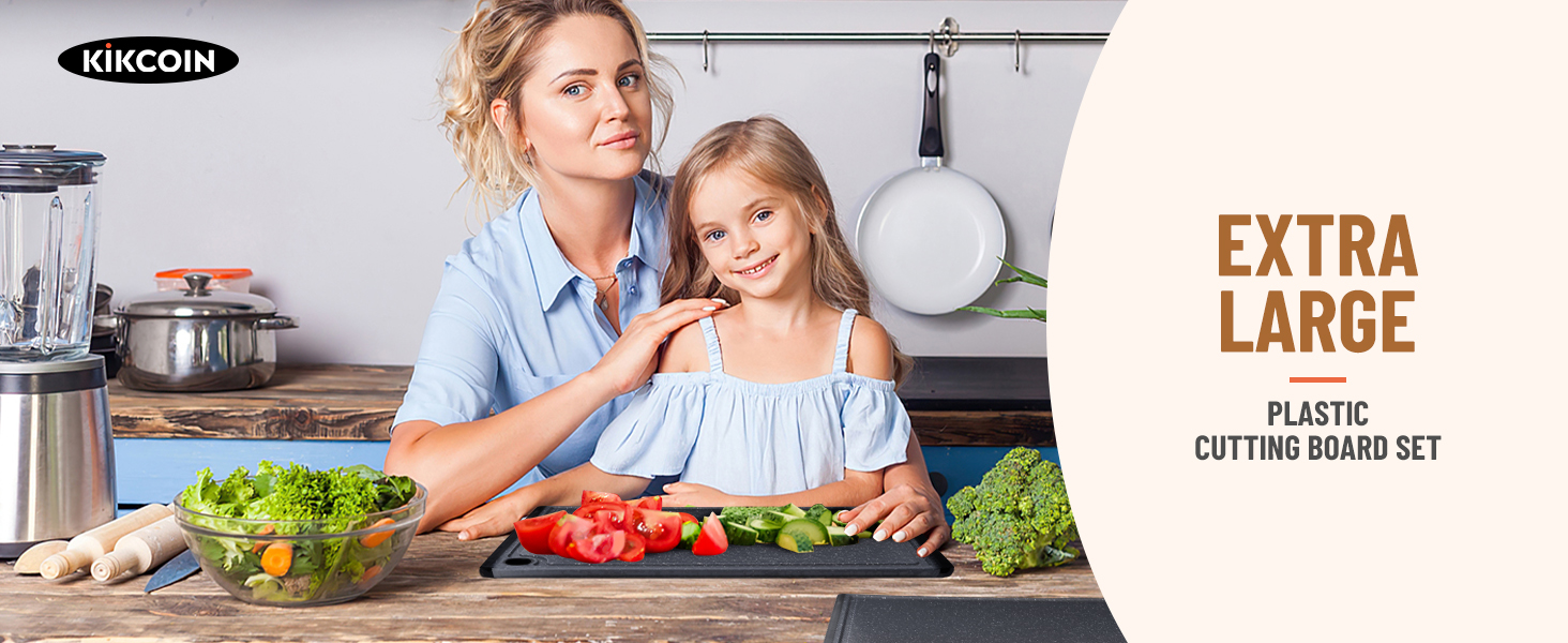 Plastic Cutting Boards for Kitchen, 3-Piece Large Cutting Board Set Dishwasher Safe Chopping Boards with Non-slip Feet and Juice Grooves, Kikcoin