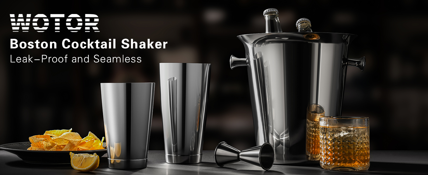WOTOR Boston Cocktail Shaker Set, 18 oz & 28 oz Stainless Steel Weighted Shaker Tins, Metal Martini Shaker Drink Mixer for Bartending, professional Bar Tools for Bartender （Sliver）
