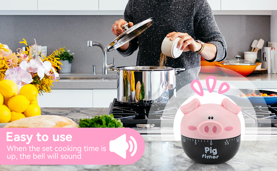 Cute Pig Kitchen Timer, 55 Minute Timer Mechanical Count Down Timer Clock for Cooking Baking Time Management, Pink, 6.5 * 7cm/2.6 * 2.8in