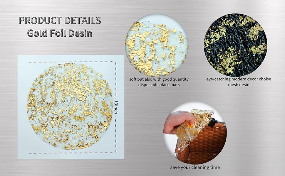 Snowkingdom Disposable Gold Placemats Set of 12 Metallic Round 13 Inch Foil Mesh Pressed Fall Table Mates 12 Pack Gold Doilies for Dining Table Wedding Birthday Party Holiday Home Decoration