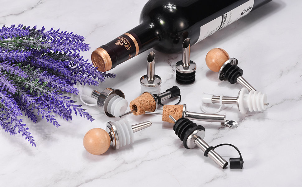 uxcell Stainless Steel Bottle Pourers, 2Pcs Olive Oil Spout with Rubber Dust Caps, Cork Design Wine Bottle Stoppers for Pours Liquid, Olive Oil, Wine, Vinegar, Most Liquor Bottles