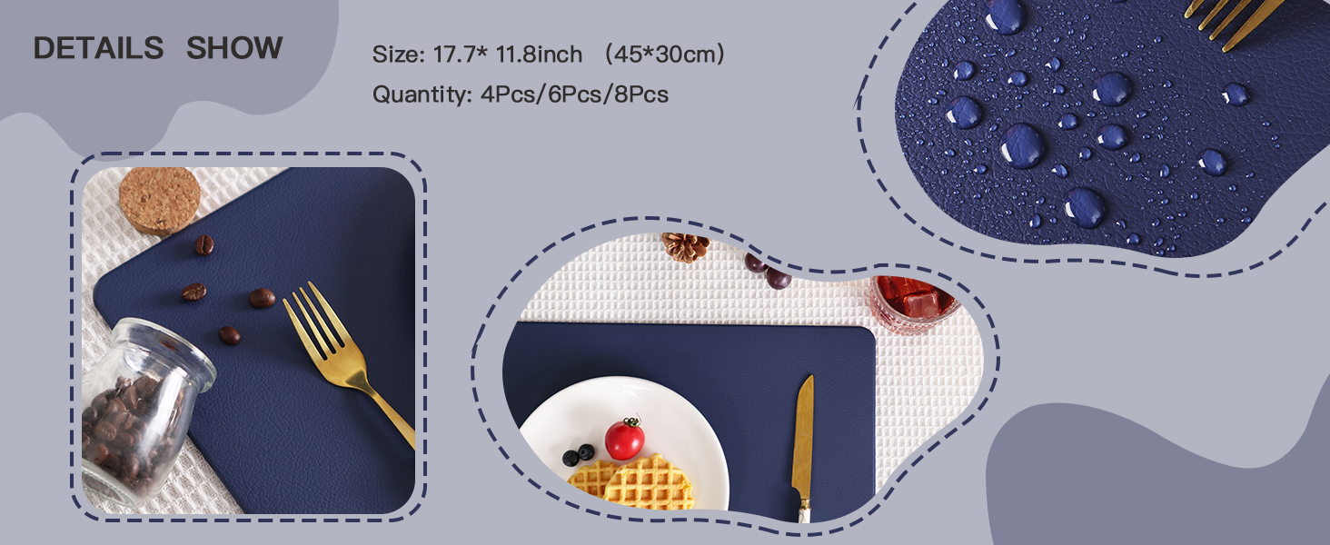 Faux Leather Placemats HeloHo Navy Blue Table Place Mats Set of 4 Waterproof Oilproof Heat Stain Resistant Washable Wipeable Placemat for Kitchen Dining Table Decoration Indoor Outdoor