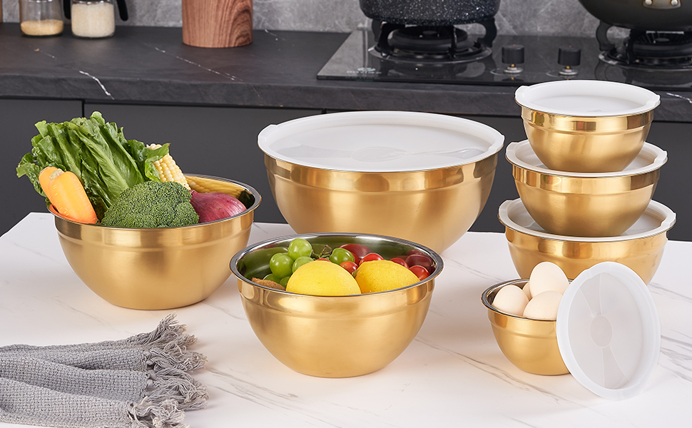Gold Mixing Bowls with Airtight Lids, Stainless Steel Nesting Mixing Bowls Set of 7, Ideal for Baking, Prepping and Serving Food, Size 7, 3.6, 2.7, 2.1, 1.5, 1.1,0.8 QT, Stackable Design