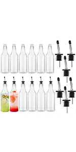Dandat 12 Pieces 32 oz Plastic Long Neck Bottles with Pourer and Caps Plastic Juice Pour Bottles with Stainless Steel Pourers Tapered Spout for Liquor (Silver Bottle Pourer)