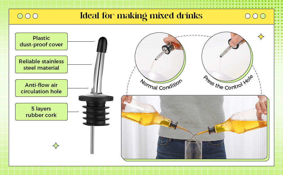 Dandat 12 Pieces 32 oz Plastic Long Neck Bottles with Pourer and Caps Plastic Juice Pour Bottles with Stainless Steel Pourers Tapered Spout for Liquor (Silver Bottle Pourer)