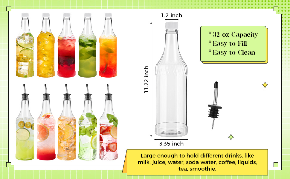 Dandat 12 Pieces 32 oz Plastic Long Neck Bottles with Pourer and Caps Plastic Juice Pour Bottles with Stainless Steel Pourers Tapered Spout for Liquor (Silver Bottle Pourer)