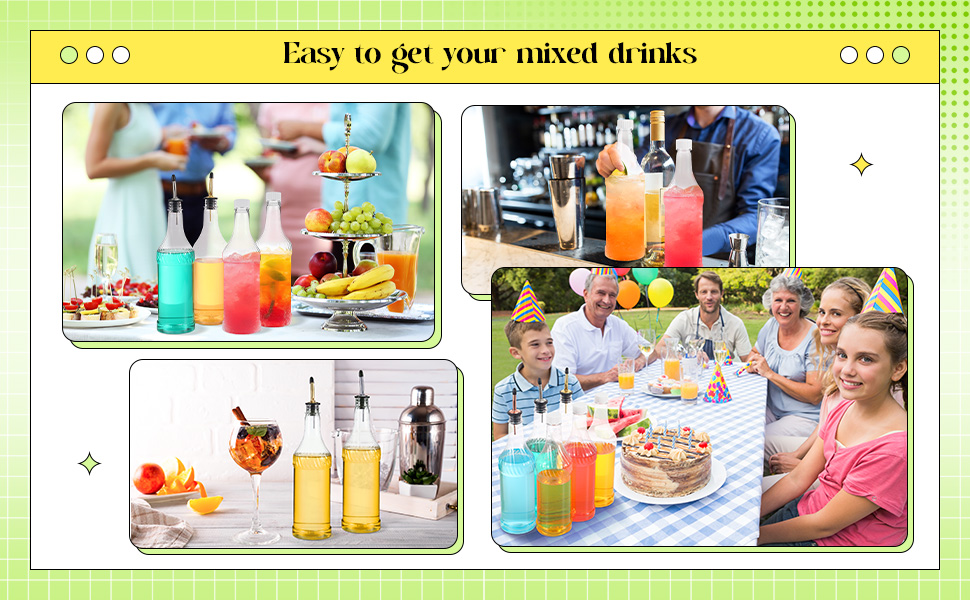 Dandat 12 Pieces 32 oz Plastic Long Neck Bottles with Pourer and Caps Plastic Juice Pour Bottles with Stainless Steel Pourers Tapered Spout for Liquor (Silver Bottle Pourer)