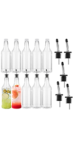 Dandat 12 Pieces 32 oz Plastic Long Neck Bottles with Pourer and Caps Plastic Juice Pour Bottles with Stainless Steel Pourers Tapered Spout for Liquor (Silver Bottle Pourer)