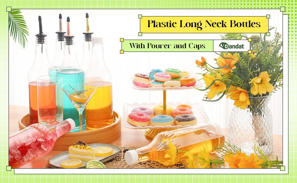 Dandat 12 Pieces 32 oz Plastic Long Neck Bottles with Pourer and Caps Plastic Juice Pour Bottles with Stainless Steel Pourers Tapered Spout for Liquor (Silver Bottle Pourer)