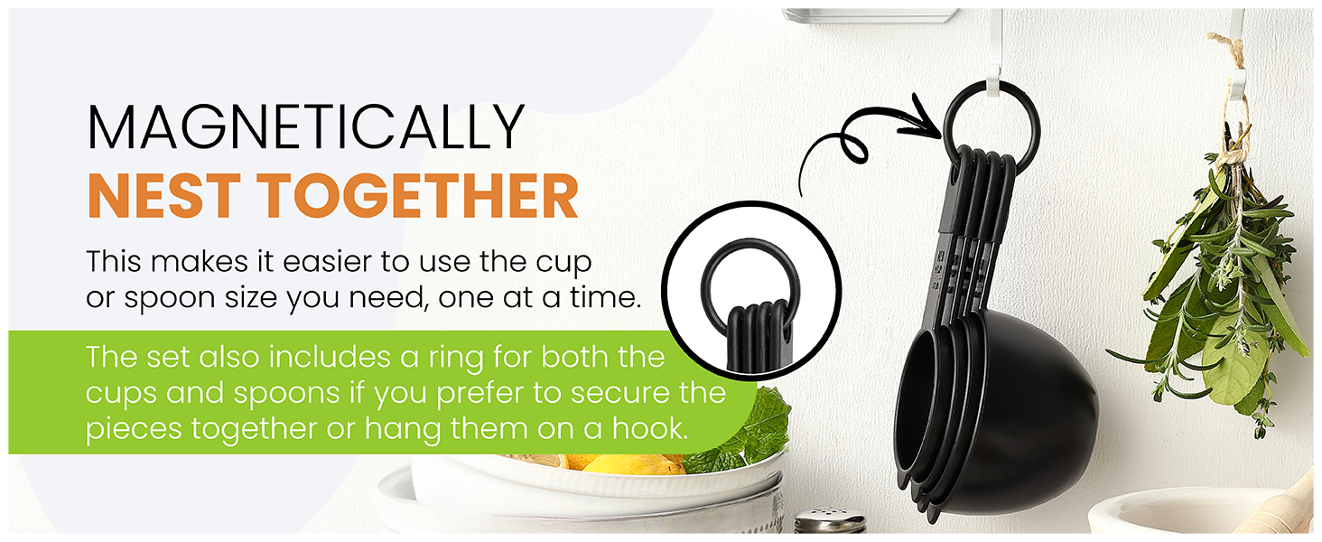 Spring Chef Magnetic Measuring Cups and Spoons Set of 9, Nesting Kitchen Tool with Easy to Read Markings for Measuring Dry or Liquid Ingredient, BPA Free, Black