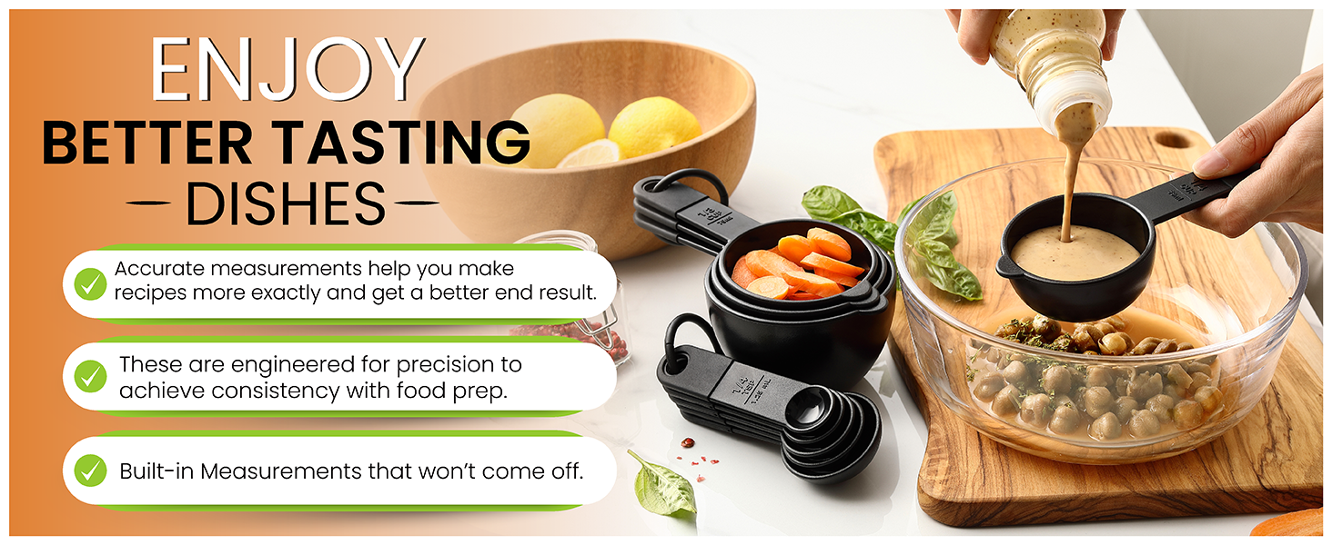 Spring Chef Magnetic Measuring Cups and Spoons Set of 9, Nesting Kitchen Tool with Easy to Read Markings for Measuring Dry or Liquid Ingredient, BPA Free, Black