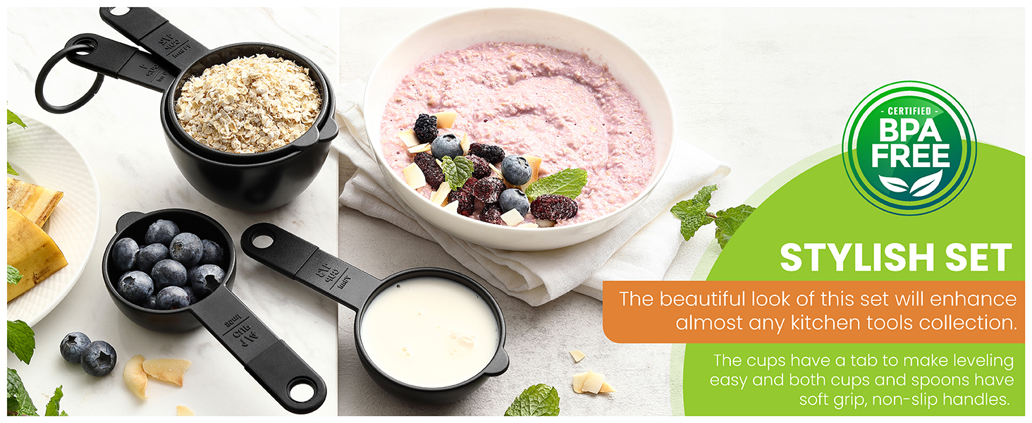 Spring Chef Magnetic Measuring Cups and Spoons Set of 9, Nesting Kitchen Tool with Easy to Read Markings for Measuring Dry or Liquid Ingredient, BPA Free, Black