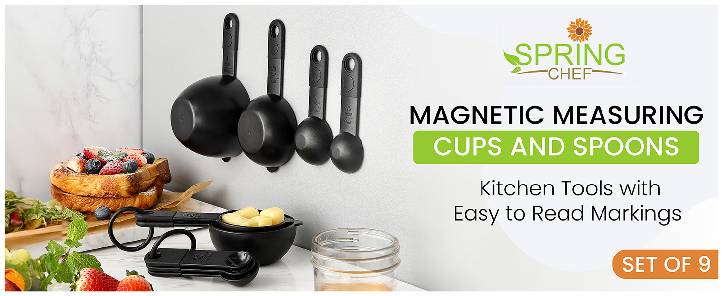 Spring Chef Magnetic Measuring Cups and Spoons Set of 9, Nesting Kitchen Tool with Easy to Read Markings for Measuring Dry or Liquid Ingredient, BPA Free, Black