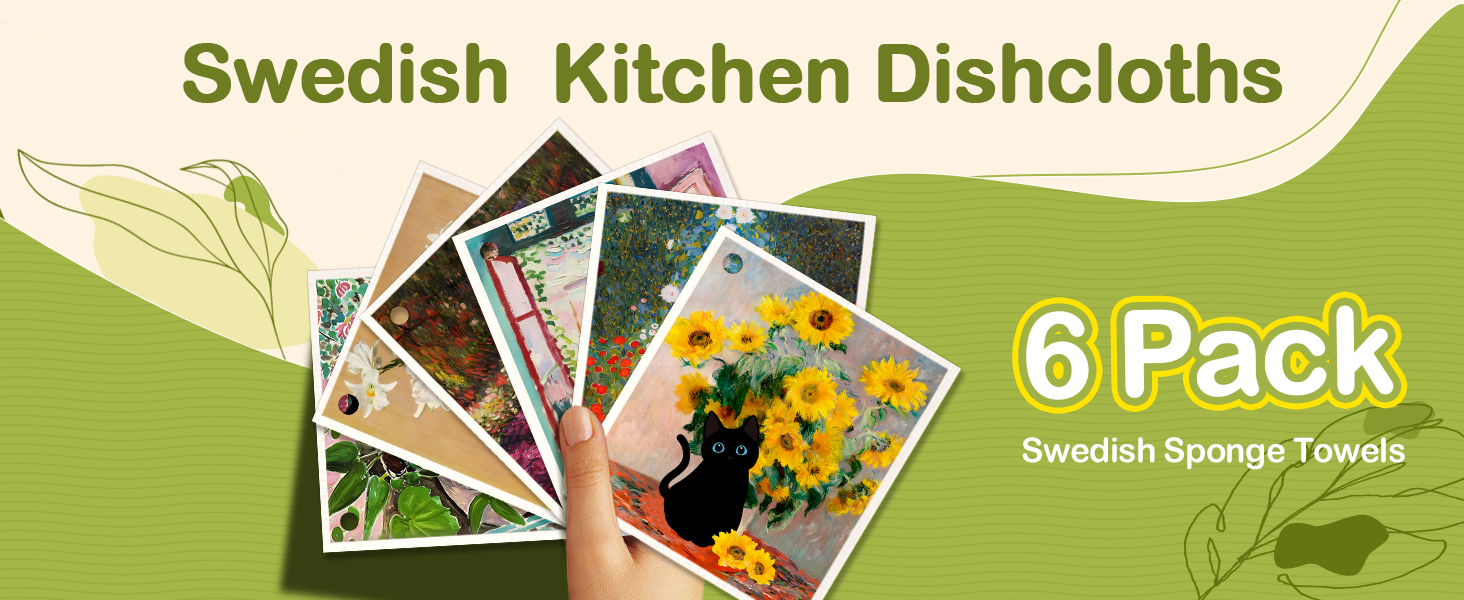 6 Pack Swedish Dishcloths for Kitchen - Reusable Dish Cloths for Washing Dishes Absorbent Cute Funny Kitchen Towels Cleaning Sponge, Floral Cat