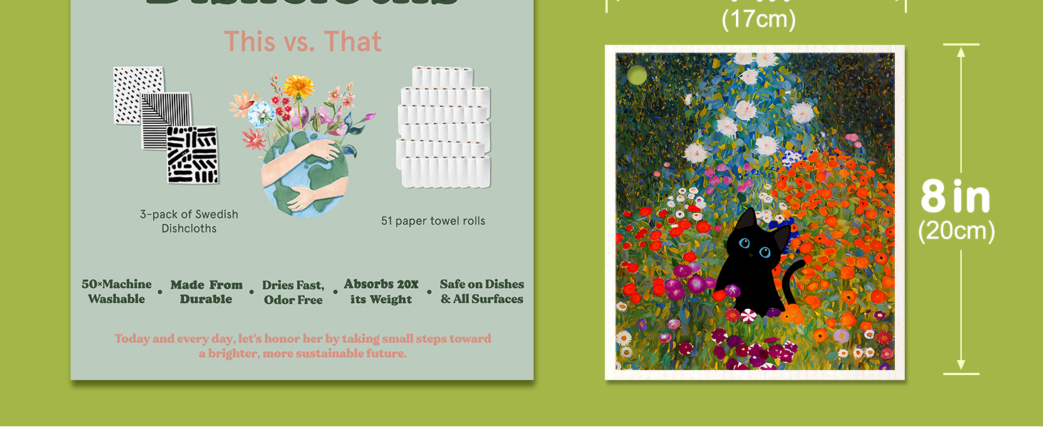 6 Pack Swedish Dishcloths for Kitchen - Reusable Dish Cloths for Washing Dishes Absorbent Cute Funny Kitchen Towels Cleaning Sponge, Floral Cat