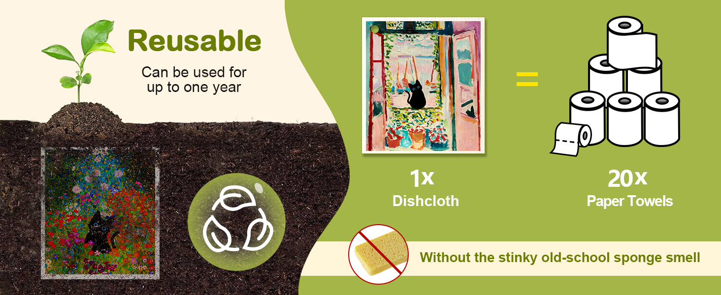 6 Pack Swedish Dishcloths for Kitchen - Reusable Dish Cloths for Washing Dishes Absorbent Cute Funny Kitchen Towels Cleaning Sponge, Floral Cat