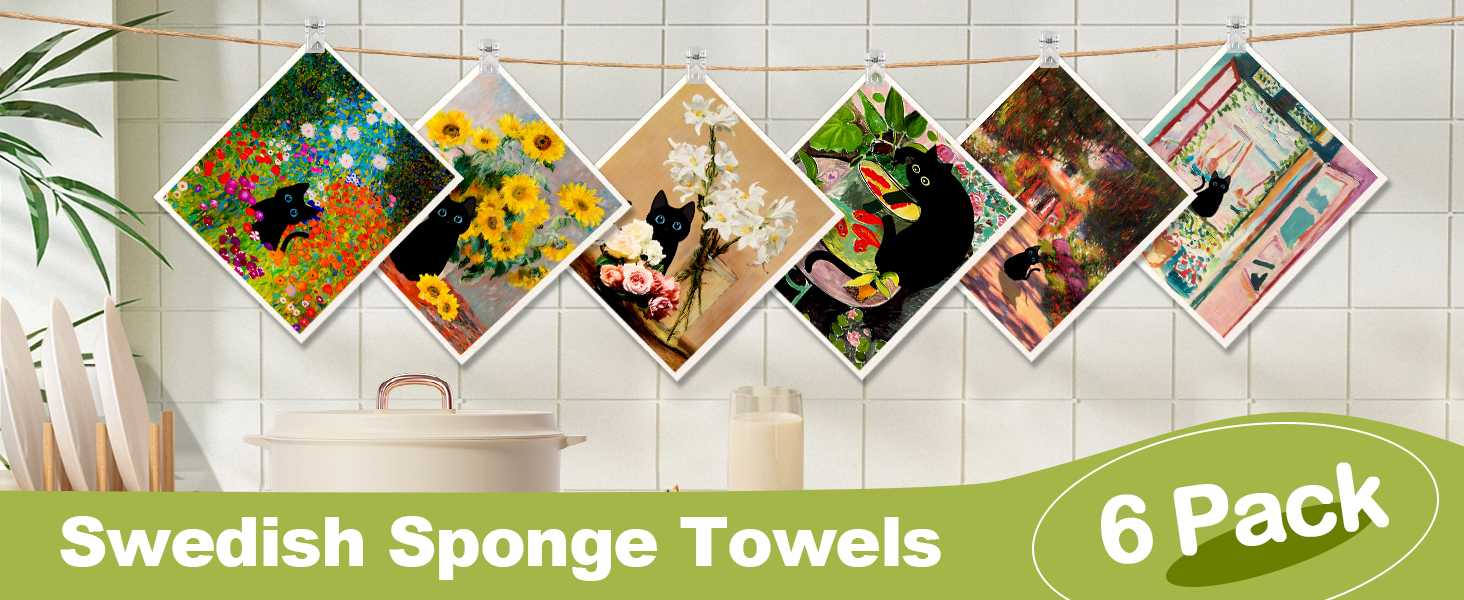 6 Pack Swedish Dishcloths for Kitchen - Reusable Dish Cloths for Washing Dishes Absorbent Cute Funny Kitchen Towels Cleaning Sponge, Floral Cat