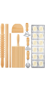 Tioncy 7 Pcs Pasta Making Tool Set Wood Gnocchi Board with Ravioli Stamp Ravioli Maker and Rolling Pin for Gnocchi Garganelli Italian Pasta Tools for Beginners and Home Cooks Kitchen Gift