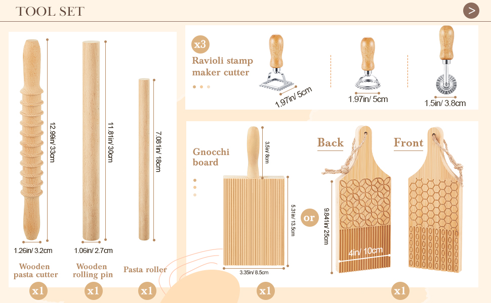 Tioncy 7 Pcs Pasta Making Tool Set Wood Gnocchi Board with Ravioli Stamp Ravioli Maker and Rolling Pin for Gnocchi Garganelli Italian Pasta Tools for Beginners and Home Cooks Kitchen Gift