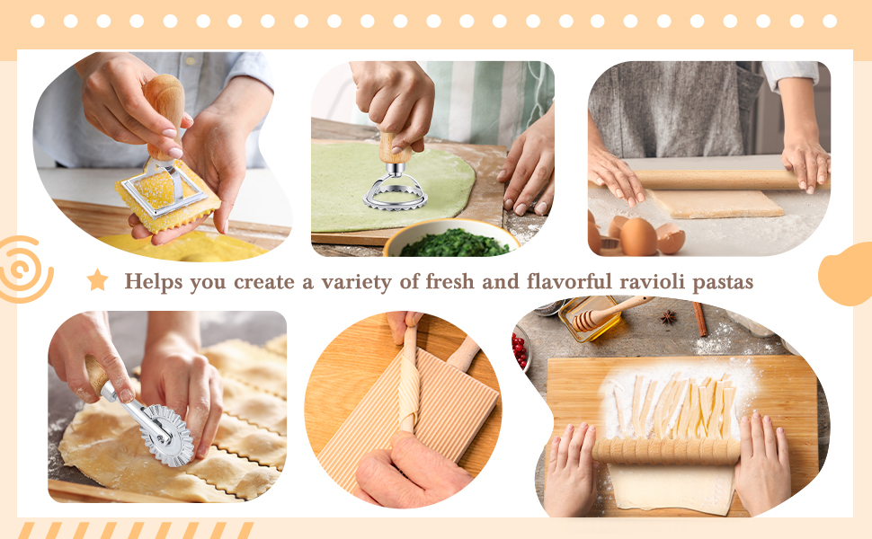 Tioncy 7 Pcs Pasta Making Tool Set Wood Gnocchi Board with Ravioli Stamp Ravioli Maker and Rolling Pin for Gnocchi Garganelli Italian Pasta Tools for Beginners and Home Cooks Kitchen Gift