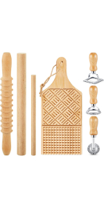Tioncy 7 Pcs Pasta Making Tool Set Wood Gnocchi Board with Ravioli Stamp Ravioli Maker and Rolling Pin for Gnocchi Garganelli Italian Pasta Tools for Beginners and Home Cooks Kitchen Gift