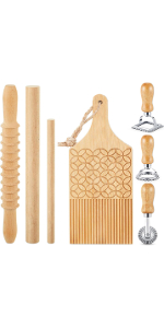 Tioncy 7 Pcs Pasta Making Tool Set Wood Gnocchi Board with Ravioli Stamp Ravioli Maker and Rolling Pin for Gnocchi Garganelli Italian Pasta Tools for Beginners and Home Cooks Kitchen Gift