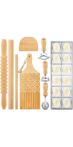 Tioncy 7 Pcs Pasta Making Tool Set Wood Gnocchi Board with Ravioli Stamp Ravioli Maker and Rolling Pin for Gnocchi Garganelli Italian Pasta Tools for Beginners and Home Cooks Kitchen Gift