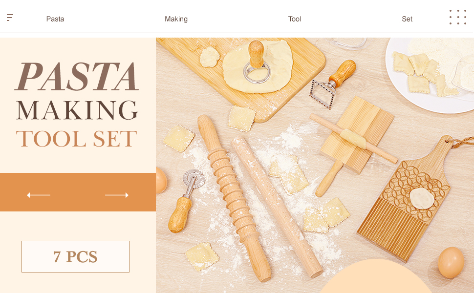 Tioncy 7 Pcs Pasta Making Tool Set Wood Gnocchi Board with Ravioli Stamp Ravioli Maker and Rolling Pin for Gnocchi Garganelli Italian Pasta Tools for Beginners and Home Cooks Kitchen Gift