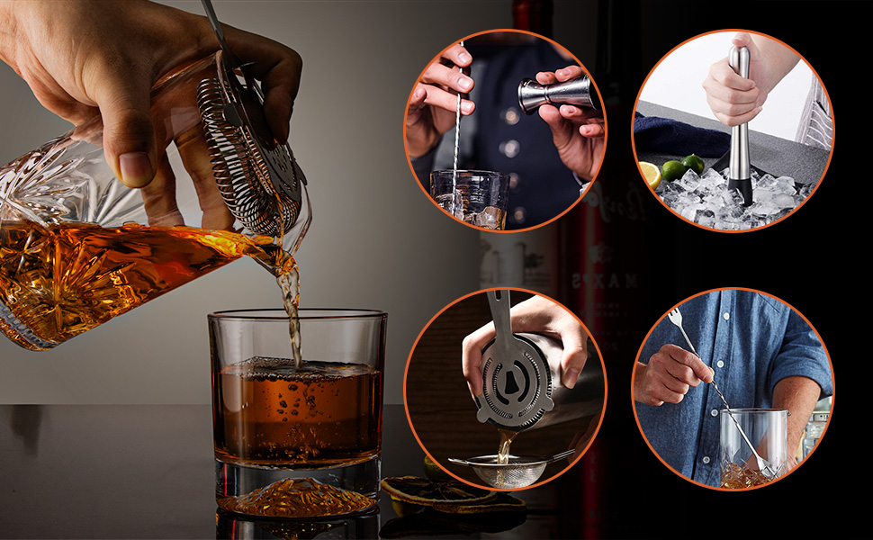 Cocktail Mixing Glass, veecom 18oz Crystal Bartender Kit, 5 Piece Bar Mixing Glass Old Fashioned Cocktail Kit with Strainer, Muddler, Spoon, Jigger, Cocktail Mixer