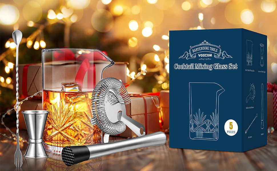 Cocktail Mixing Glass, veecom 18oz Crystal Bartender Kit, 5 Piece Bar Mixing Glass Old Fashioned Cocktail Kit with Strainer, Muddler, Spoon, Jigger, Cocktail Mixer