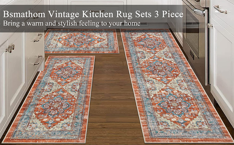 Bsmathom Farmhouse Kitchen Rugs Sets 3 Piece with Runner, Non Slip Kitchen Rugs and Mats Set Non Skid Washable Kitchen Floor Mat for Kitchen Floor Hallway Living Room Office Entryway