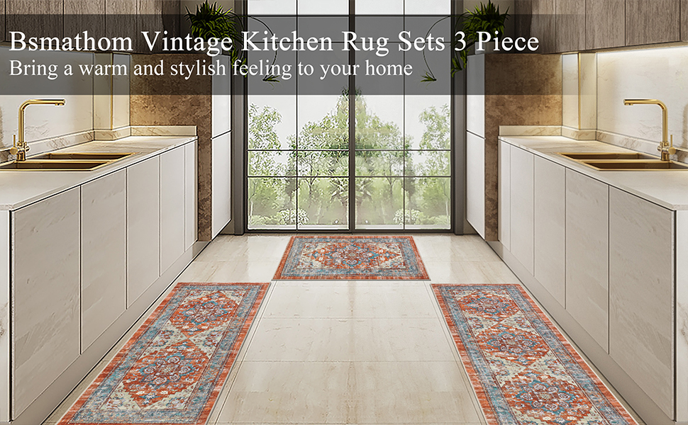 Bsmathom Farmhouse Kitchen Rugs Sets 3 Piece with Runner, Non Slip Kitchen Rugs and Mats Set Non Skid Washable Kitchen Floor Mat for Kitchen Floor Hallway Living Room Office Entryway
